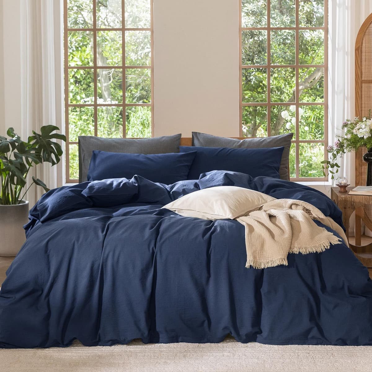 MooMee Bedding Duvet Cover Set 100% Washed Cotton Linen Like Textured Breathable Durable Soft Comfy (Tannish Linen Grey, King) — view 73