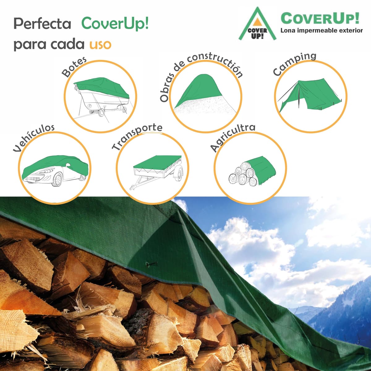 CoverUp! Lona Impermeable Verde 2×3 m 120 g/m² con 12 m Cuerda y Ojales Aluminio – Resistente UV y desgarros – Cobertura Exterior Multiuso — view 5