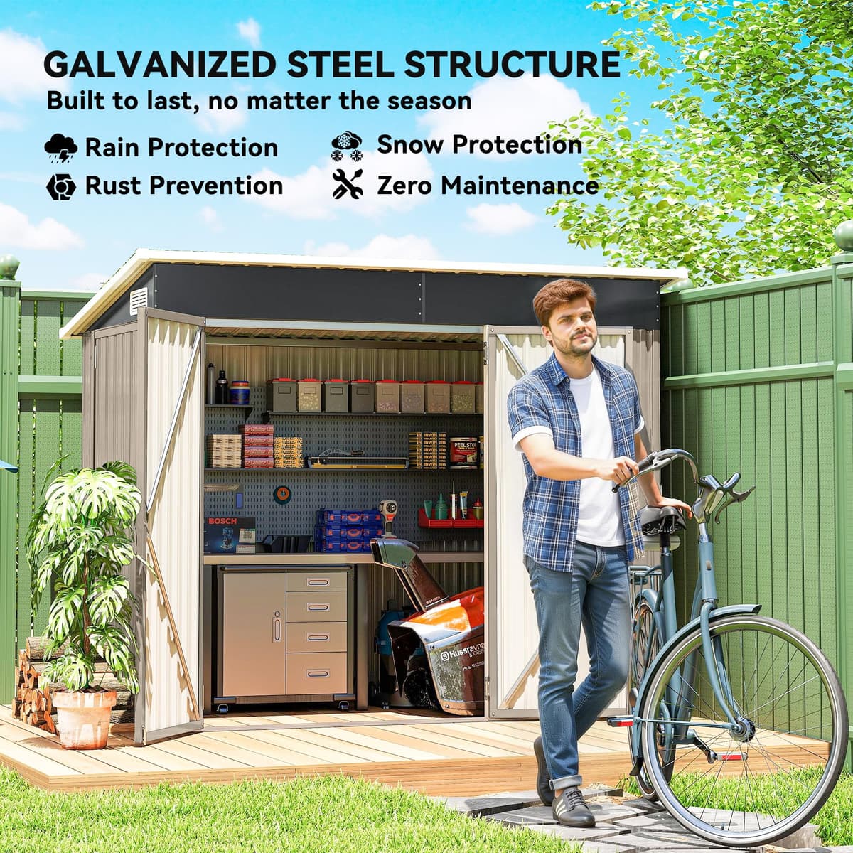 Outsunny 7.5 x 4.3ft Metal Garden Storage Shed, Waterproof Outdoor Shed with Triple Lockable Door, Gloves, Vents and Pitched Roof, Tools Bike Storage for Garden, Patio, Courtyard, Light Grey — view 4