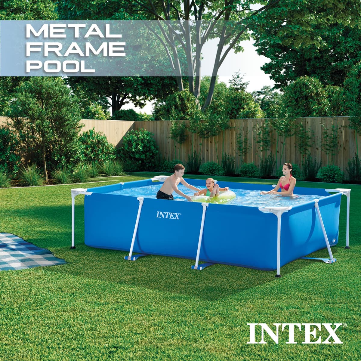 Intex Metal Frame Rectangular Swimming Pool 300 x 200 x 75cm, Blue Above Ground Garden Pool for Kids and Family, 3834L Water Capacity, Puncture-Resistant 3-Ply Material, Pump Not Included, 28272NP — view 3