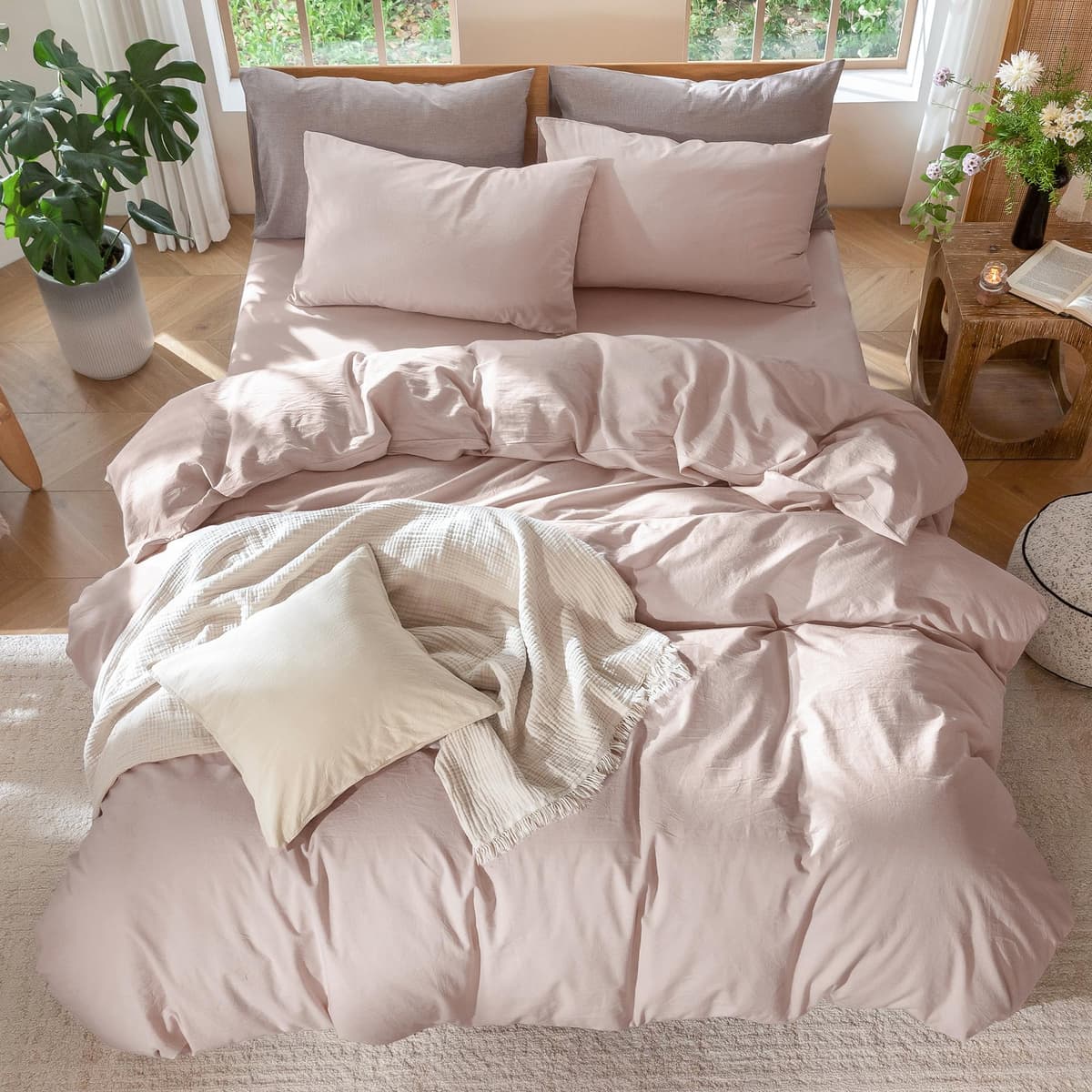 MooMee Bedding Duvet Cover Set 100% Washed Cotton Linen Like Textured Breathable Durable Soft Comfy (Tannish Linen Grey, King) — view 182