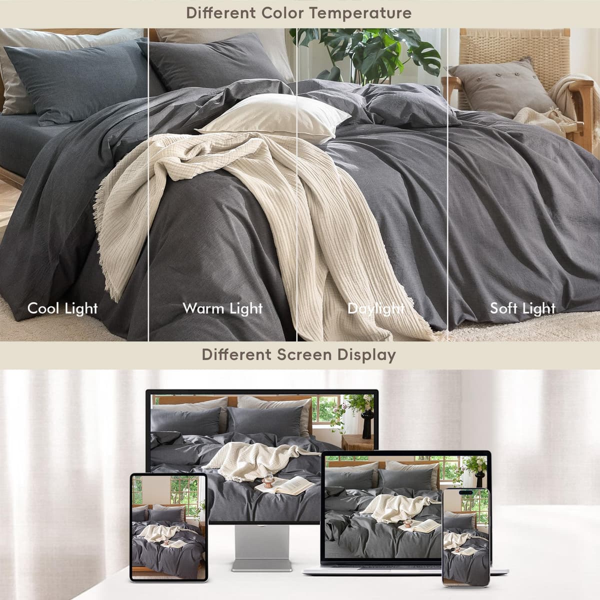 MooMee Bedding Duvet Cover Set 100% Washed Cotton Linen Like Textured Breathable Durable Soft Comfy (Tannish Linen Grey, King) — view 213
