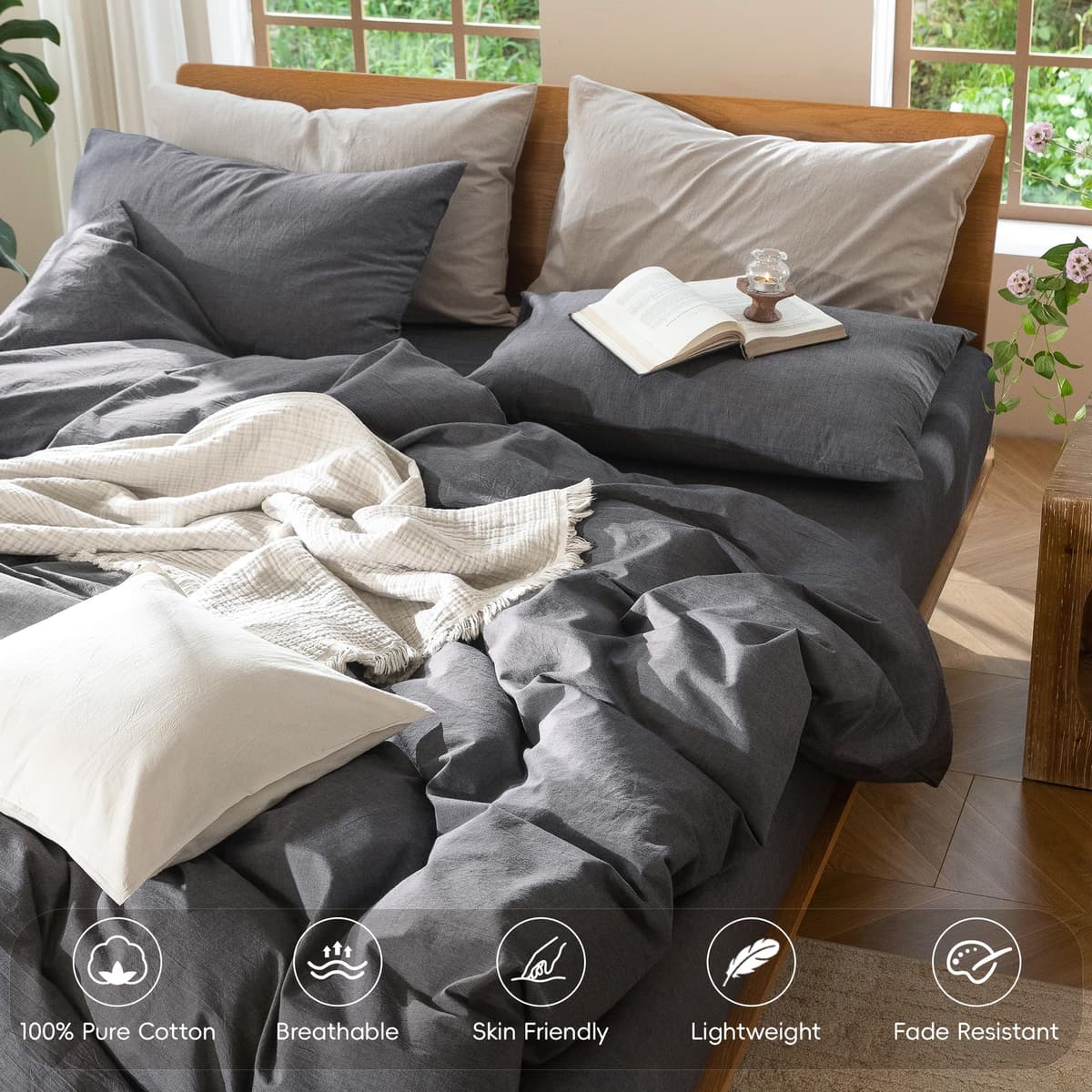 MooMee Bedding Duvet Cover Set 100% Washed Cotton Linen Like Textured Breathable Durable Soft Comfy (Tannish Linen Grey, King) — view 211