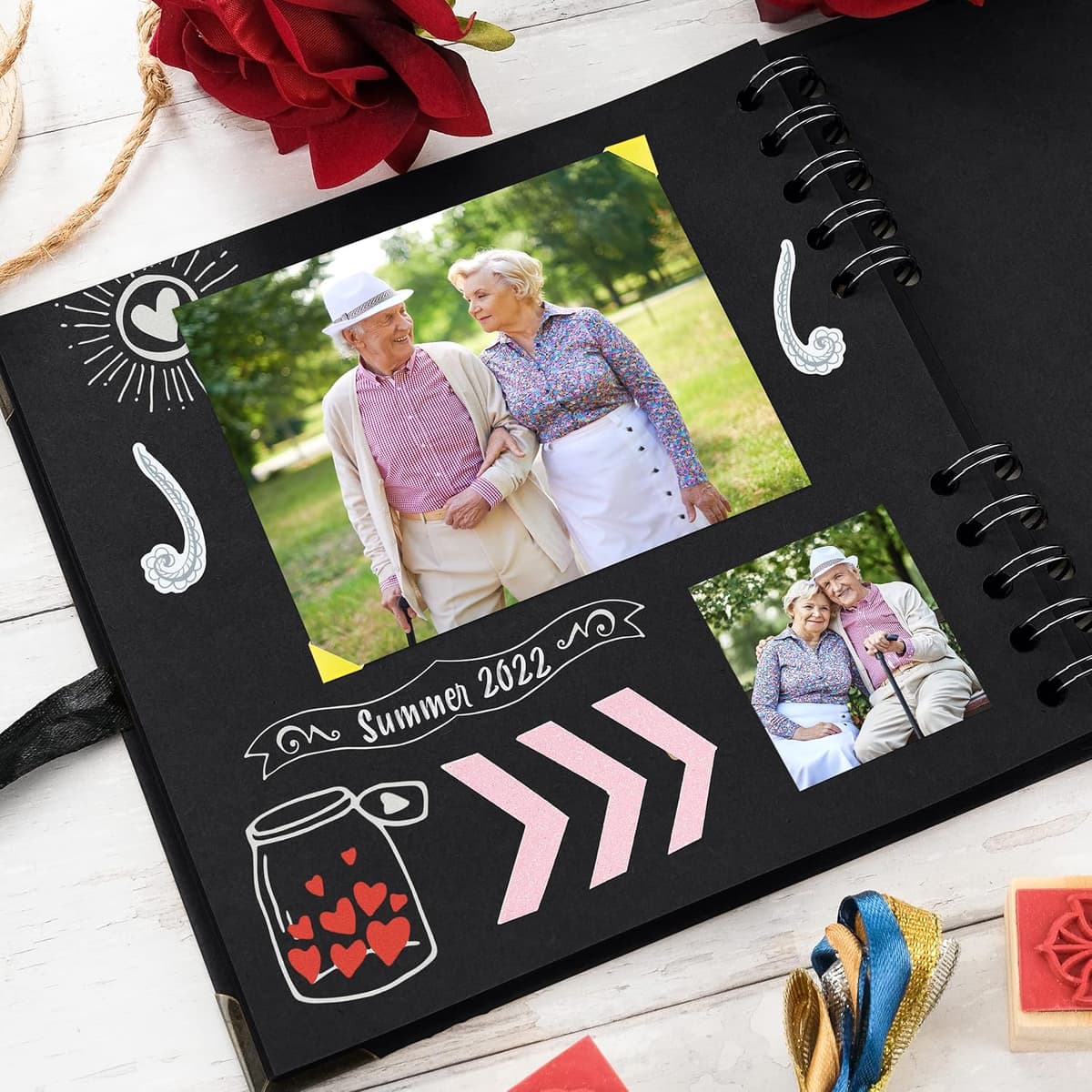Bstorify Square Scrapbook Photo Albums 36 Pages (18 x 18 cm) Black Thick 250gsm Kraft Paper Scrap Book, Ribbon Closure - Idea — view 6