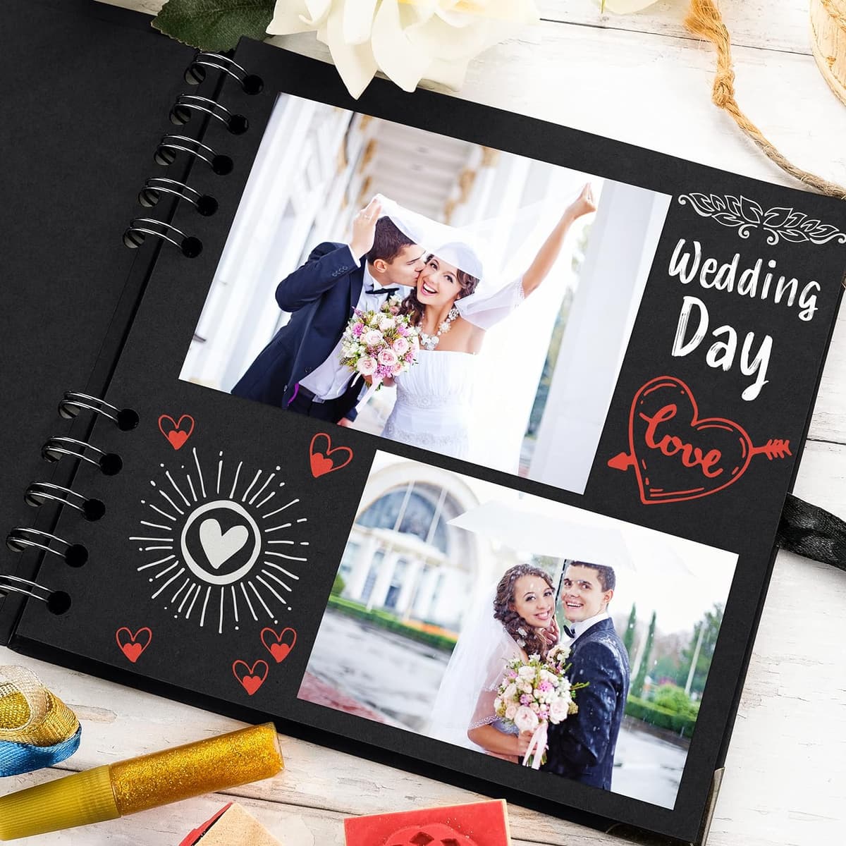 Bstorify Square Scrapbook Photo Albums 36 Pages (18 x 18 cm) Black Thick 250gsm Kraft Paper Scrap Book, Ribbon Closure - Idea — view 5
