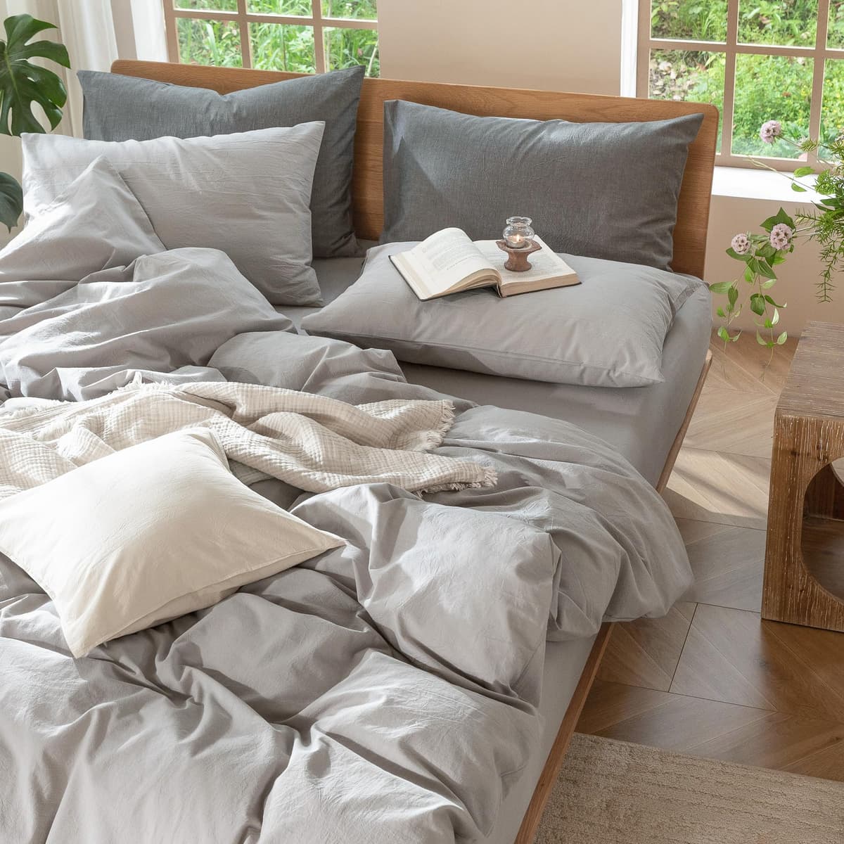MooMee Bedding Duvet Cover Set 100% Washed Cotton Linen Like Textured Breathable Durable Soft Comfy (Tannish Linen Grey, King) — view 220
