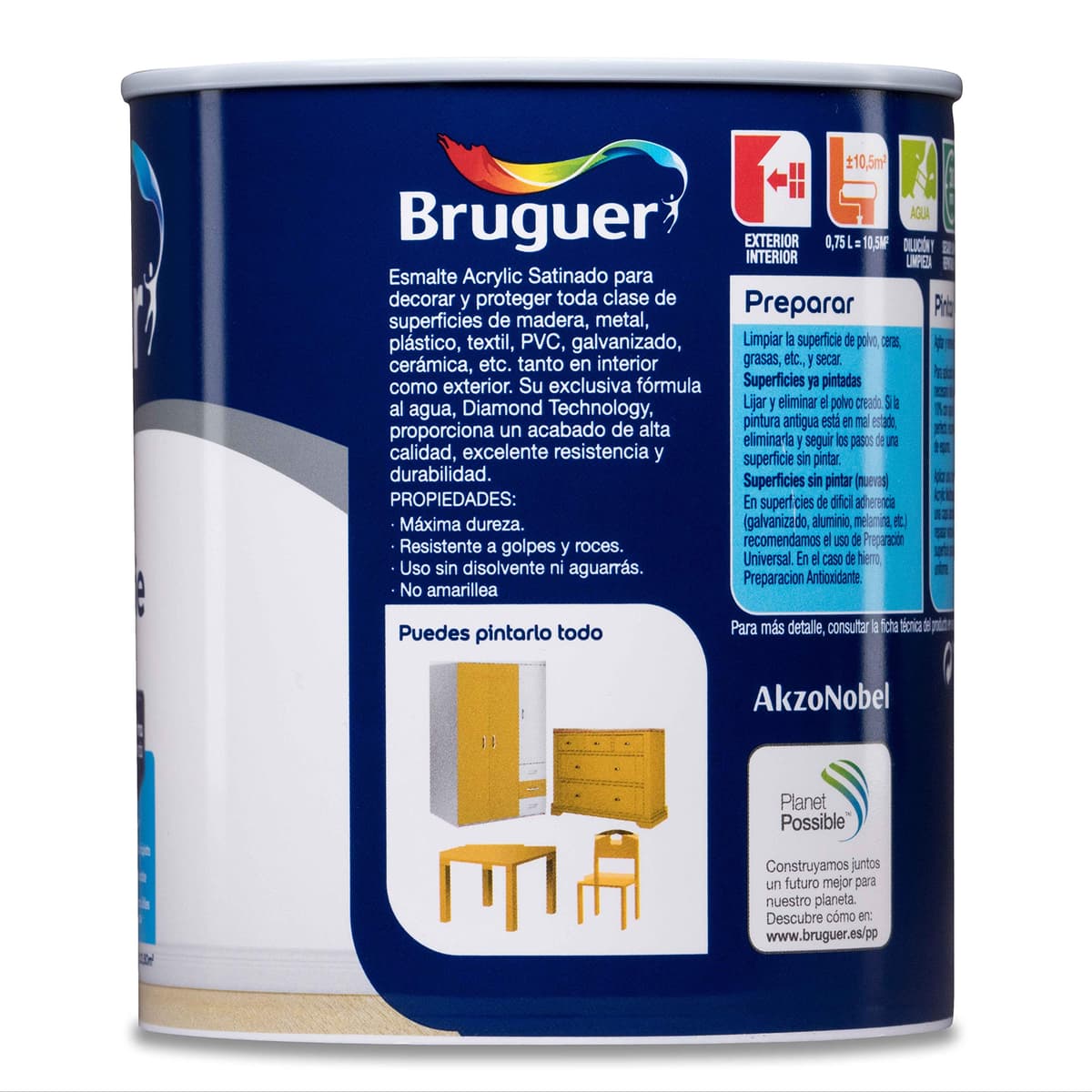 Bruguer Acrylic Multisuperficie Esmalte al agua Satinado - Pintura 750 mL, Blanco Permanente — view 2