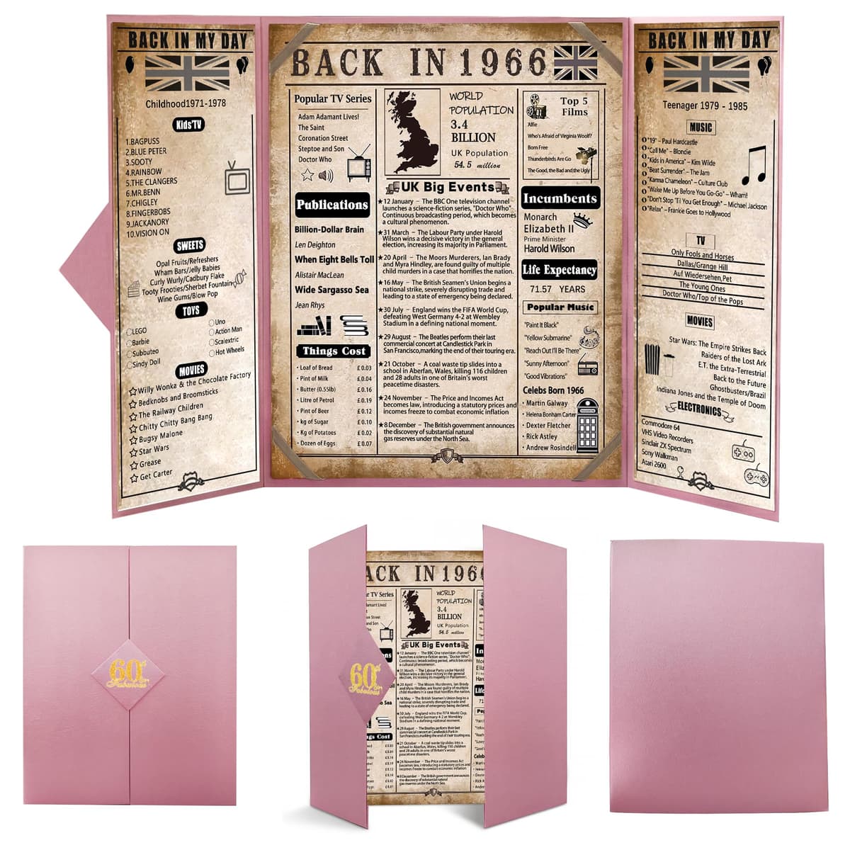 back in 1966 60th Birthday Gifts for Men - Large 60th birthday Card for Dad,Husband - 60 Year Old Blue Decorations Male - Tri-Fold Greeting Card - Perfect 1966 Poster Gift Ideas — view 8
