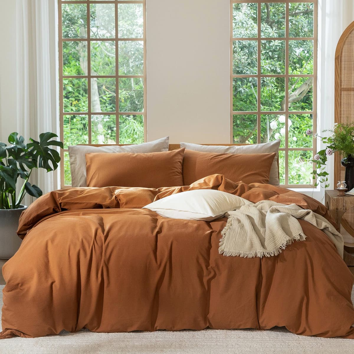 MooMee Bedding Duvet Cover Set 100% Washed Cotton Linen Like Textured Breathable Durable Soft Comfy (Tannish Linen Grey, King) — view 128
