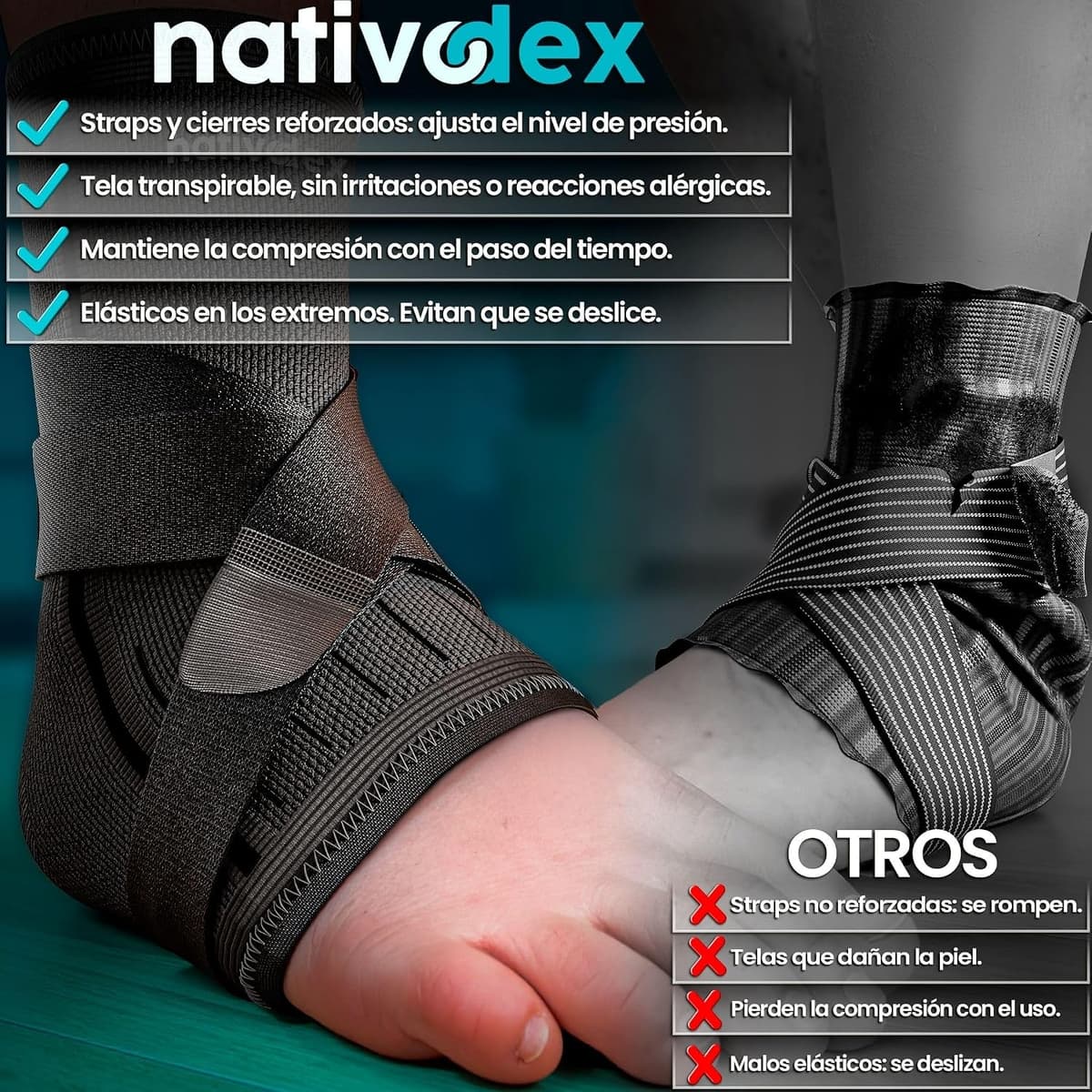 NativoDex Tobillera para Estabilizar y Prevenir Torceduras, Soporte y Compresión para Lesiones en el Tobillo, Deportiva con A — view 3