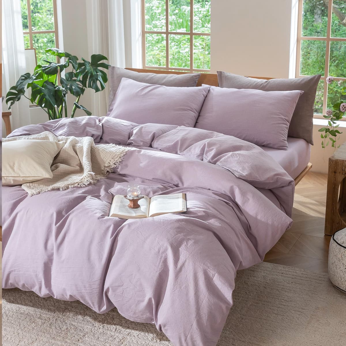 MooMee Bedding Duvet Cover Set 100% Washed Cotton Linen Like Textured Breathable Durable Soft Comfy (Tannish Linen Grey, King) — view 232