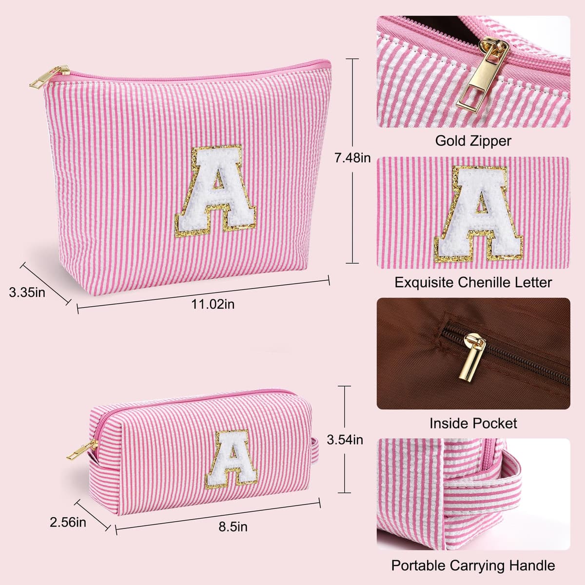 Parima Personalized Makeup Bag for Women - Cosmetic Bag Travel Toiletry Bags Brush Holder Birthday Gifts for Women Her Wedding Bridesmaid Friend Sister Teacher Wife Pink Initial A Personalised Gifts — view 4