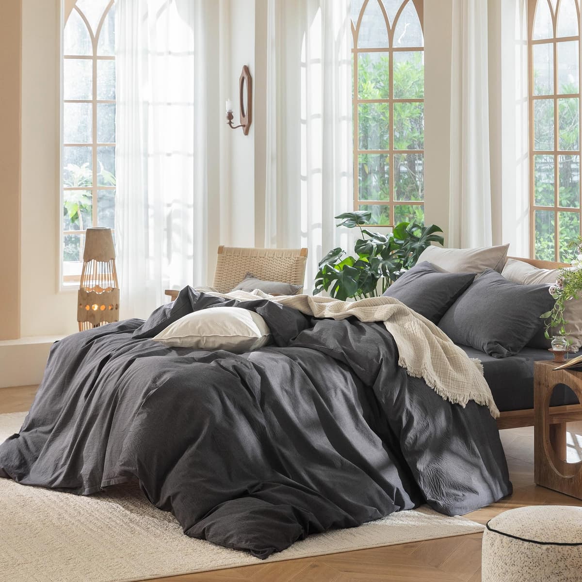 MooMee Bedding Duvet Cover Set 100% Washed Cotton Linen Like Textured Breathable Durable Soft Comfy (Tannish Linen Grey, King) — view 210