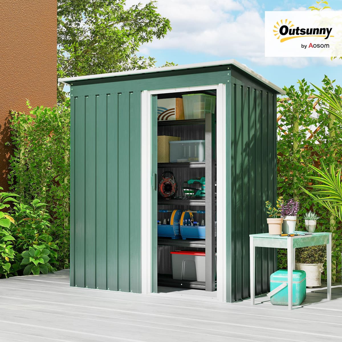 Outsunny Caseta de Jardín Exterior, 1,16 m², 163x89x182 cm, Cobertizo de Jardín Exterior Metálico con Puerta Corredera y Techo Inclinado, para Almacenamiento de Herramientas, Verde — view 2