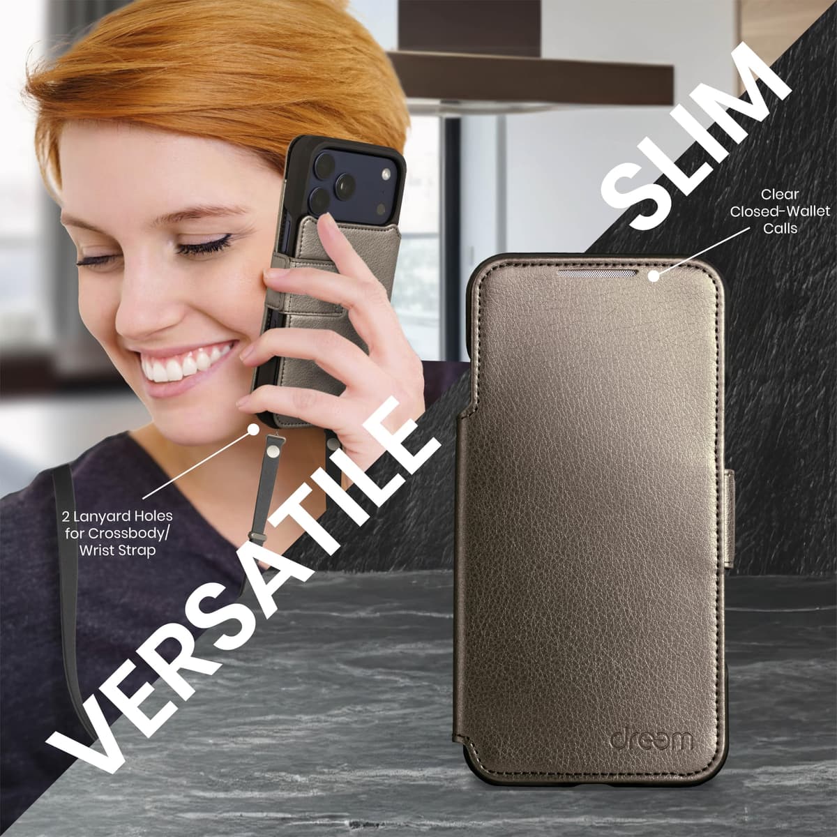 dreem Wallet Case for iPhone 17 Pro Max, Revolutionary Vert/Hor Phone Stand, Magnetic Detachable Vegan Leather Flip Cover RFID Blocking Card Holder, MagSafe-Fit, Gift Box [Fibonacci: Metal] — view 5