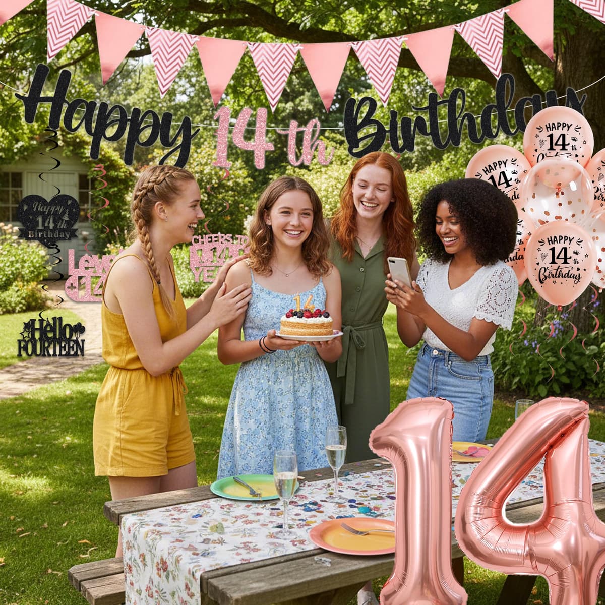 14th Birthday Decorations for Boys Girls - Black Rose Gold Glitter Happy 14th Birthday Letter Banner and Pennant Flags, Number 14 Foil Balloons and Hanging Swirls for 14 Years Old Children Party — view 5