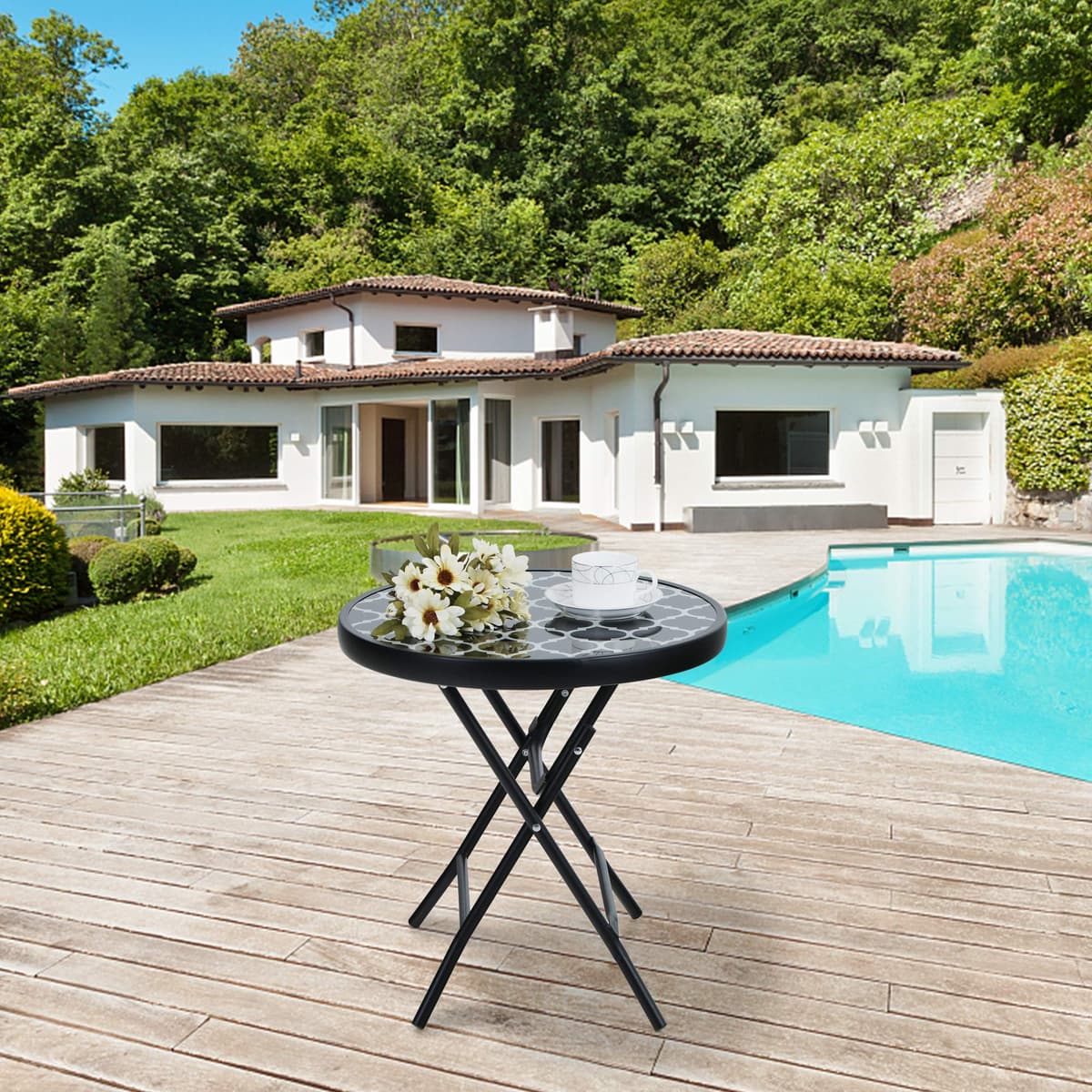 PHI VILLA Folding Side Table, Foldable Coffee Table, Outdoor Garden Table, Small Round Patio Table - Black Grid — view 2