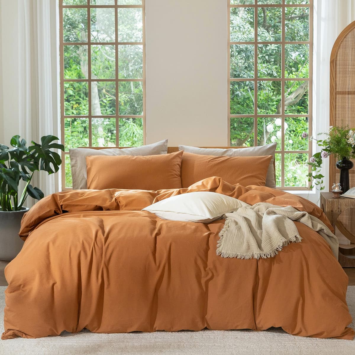 MooMee Bedding Duvet Cover Set 100% Washed Cotton Linen Like Textured Breathable Durable Soft Comfy (Tannish Linen Grey, King) — view 18