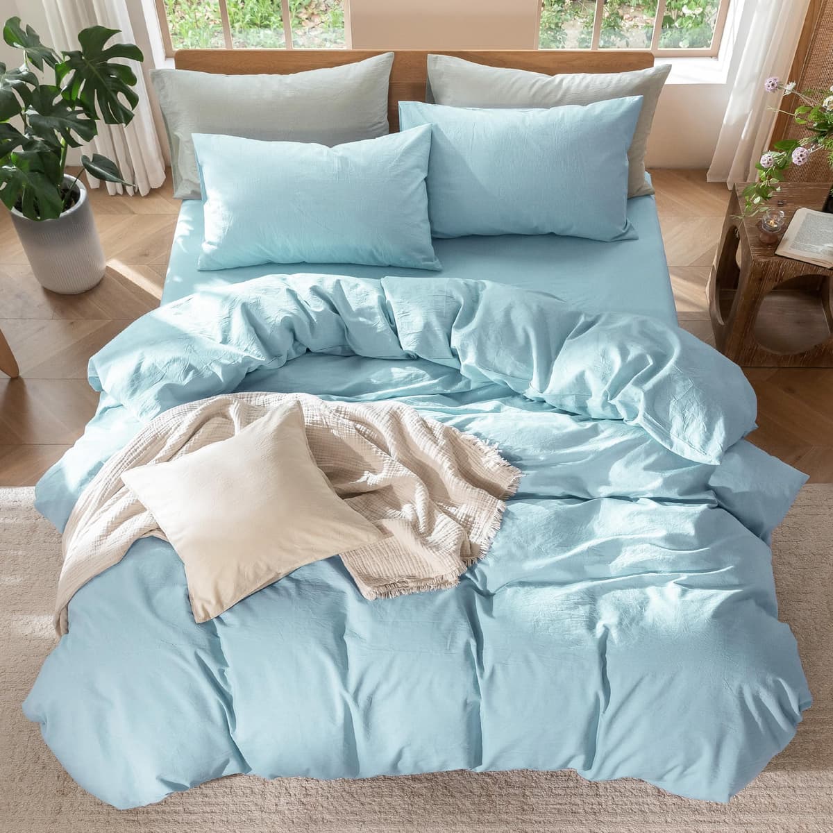 MooMee Bedding Duvet Cover Set 100% Washed Cotton Linen Like Textured Breathable Durable Soft Comfy (Tannish Linen Grey, King) — view 45