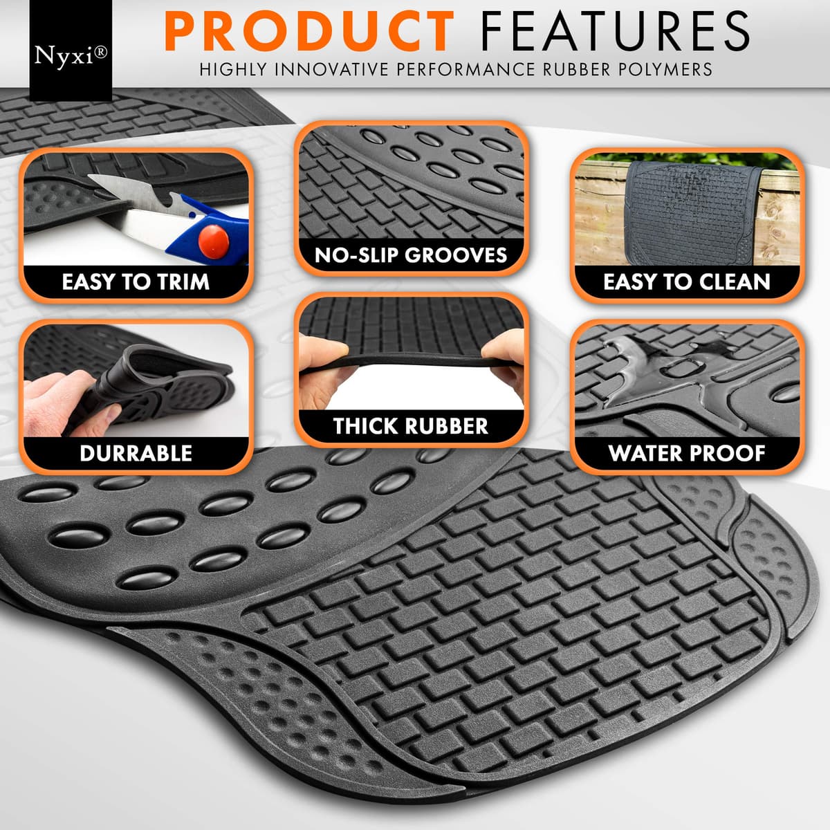 Nyxi 5 Piece Rubber Car Mat XL Boot Mat (Front + Rear + Boot Mat 137cm X 110cm) Universal Non-Slip Deep Dish Heavy Duty for Cars SUV Truck and VAN, Water Proof, All Weather — view 5