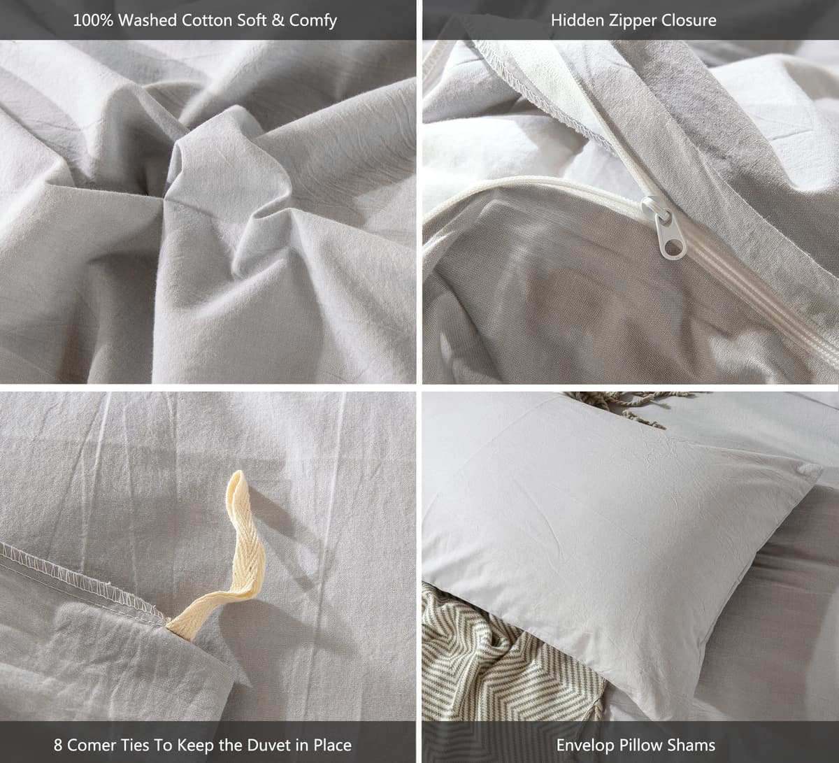 MooMee Bedding Duvet Cover Set 100% Washed Cotton Linen Like Textured Breathable Durable Soft Comfy (Tannish Linen Grey, King) — view 244