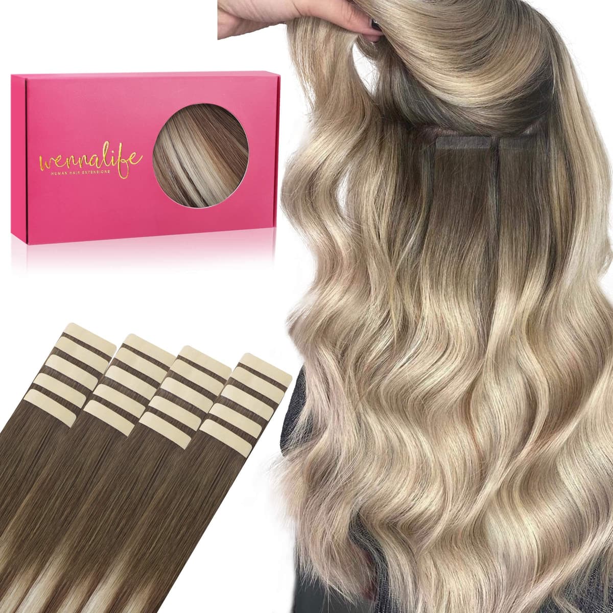 WENNALIFE Extensiones Adhesivas Pelo Natural, 35cm 50g 20 Piezas, Rubio Platino Extensiones de Pelo Humano Mujer Remy Extensiones Cinta Adhesivas Tape