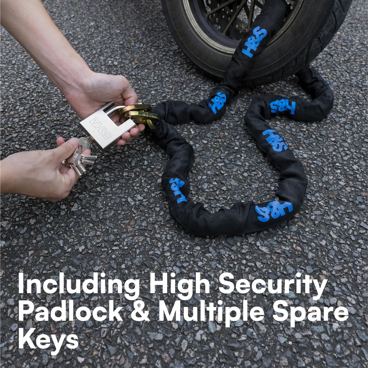 H&S Heavy Duty Motorbike Lock with Padlock | 10mm x 2m | Motorcycle Lock with Security Chain | 2m Bike Locks High Security | Strong Chain & Padlock | Moped Cycle locks (10mm Dia x 2000mm Length) — view 5