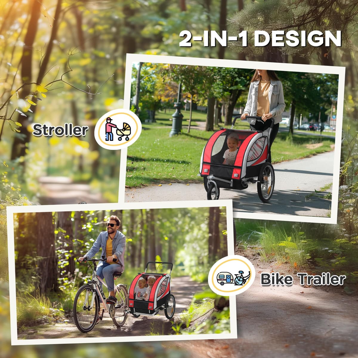 HOMCOM Child Bike Trailer, Baby Bicycle Trailer for 2 Kids with 5 Point Harness, Steel Frame, Reflectors, Safety Flag, Hitch Coupler, Red — view 3