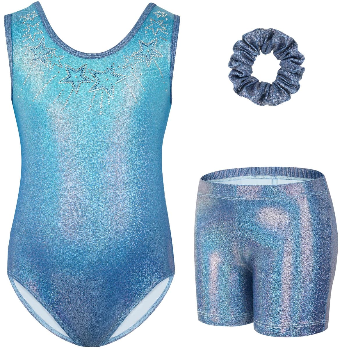 Gogokids Conjunto de gimnasia de tres piezas para niña, cuello en Y, sin mangas, con pantalones cortos y diadema, traje de gimnasia con diseño de bloques de color azul y morado, 3-12 años — view 11