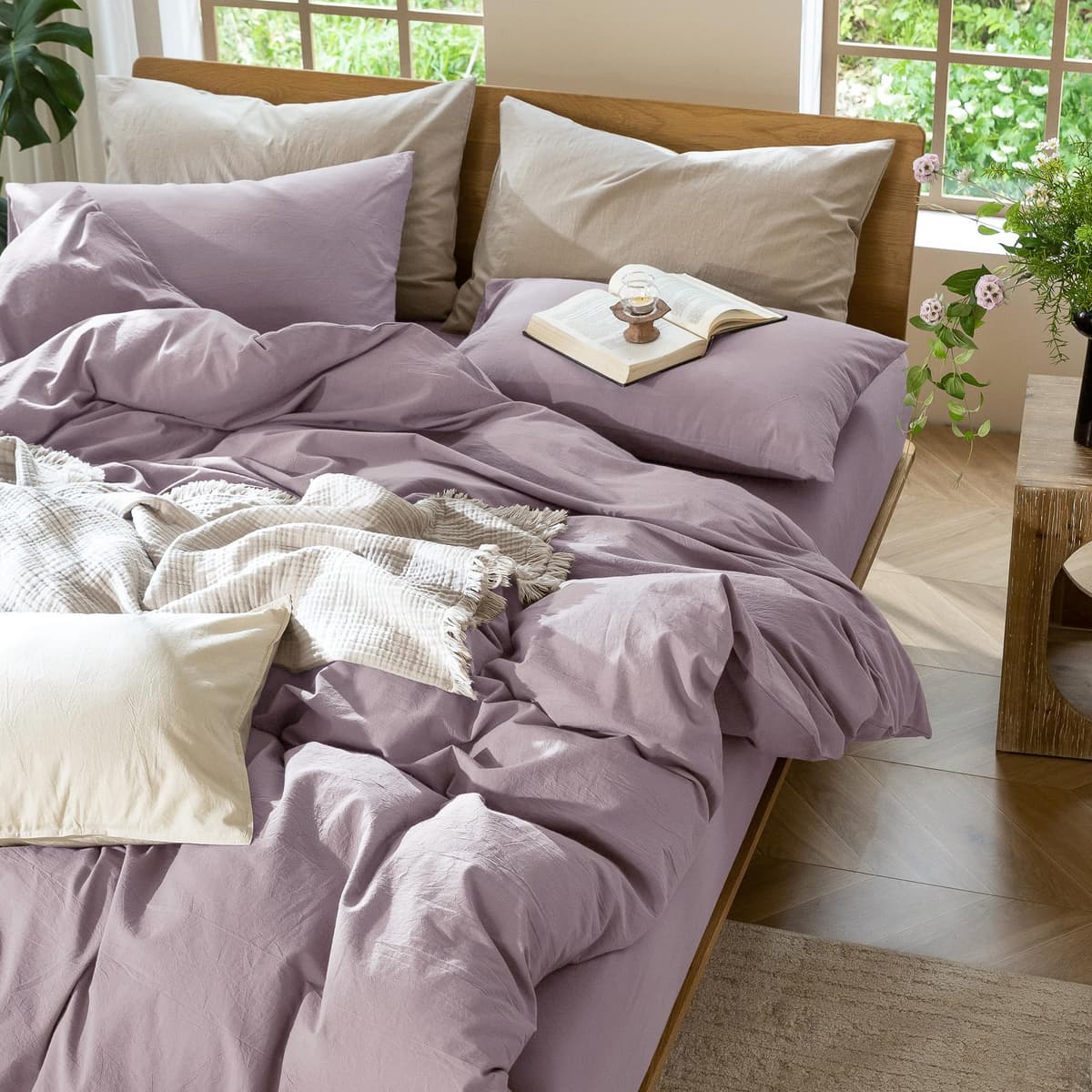 MooMee Bedding Duvet Cover Set 100% Washed Cotton Linen Like Textured Breathable Durable Soft Comfy (Tannish Linen Grey, King) — view 118