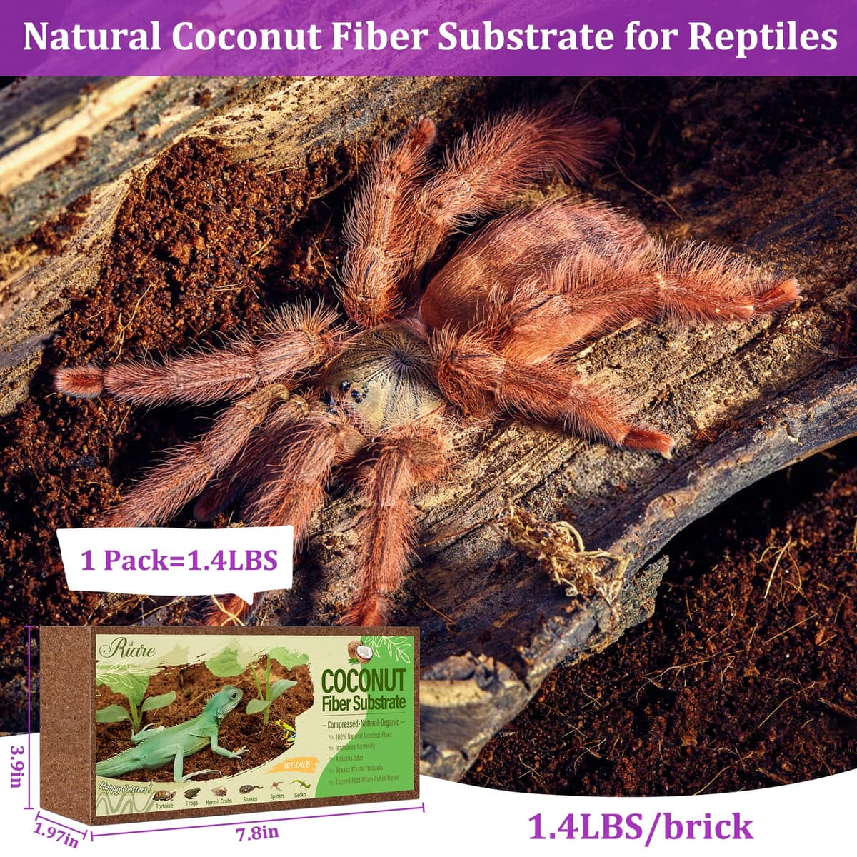 Riare 1 Pack Natural Coconut Fiber Substrate for Reptile Coco Substrate Premium Compressed Coconut Husk Terrarium Bedding for Reptile, Tortoise, Frogs, Snakes Hermit Crabs, Burrowing Animals — view 3