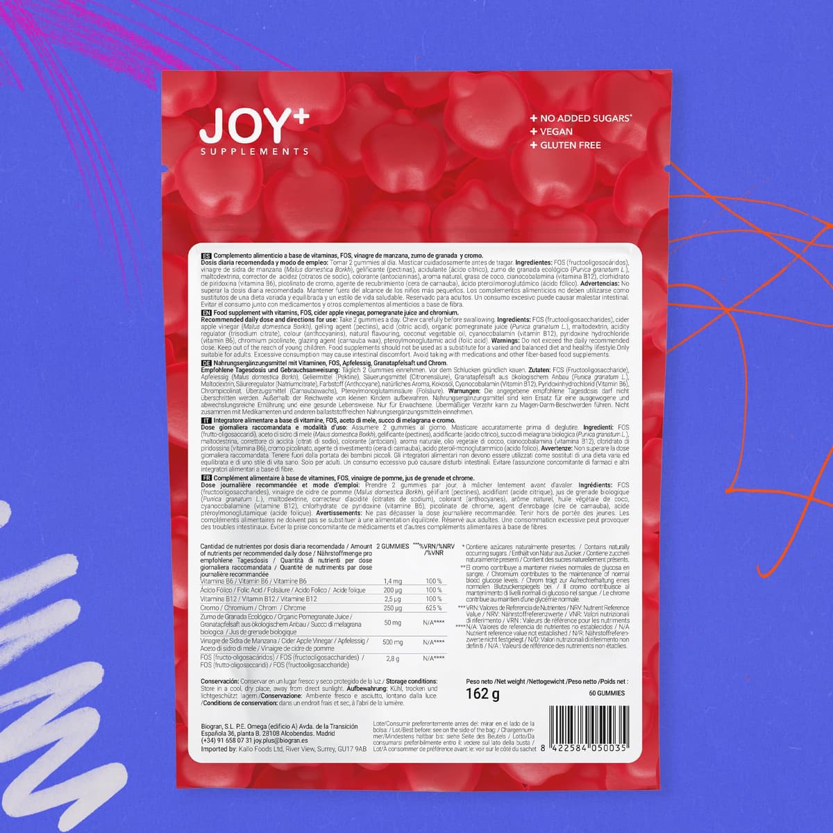 JOY+ - SWEET CONTROL - Gominolas para el Control de Glucosa con Vinagre de Manzana, Cromo, Ácido Fólico, Vitaminas B6 y B12. Sabor Manzana. 60 Gummies. Sin Azúcares añadidos — view 2