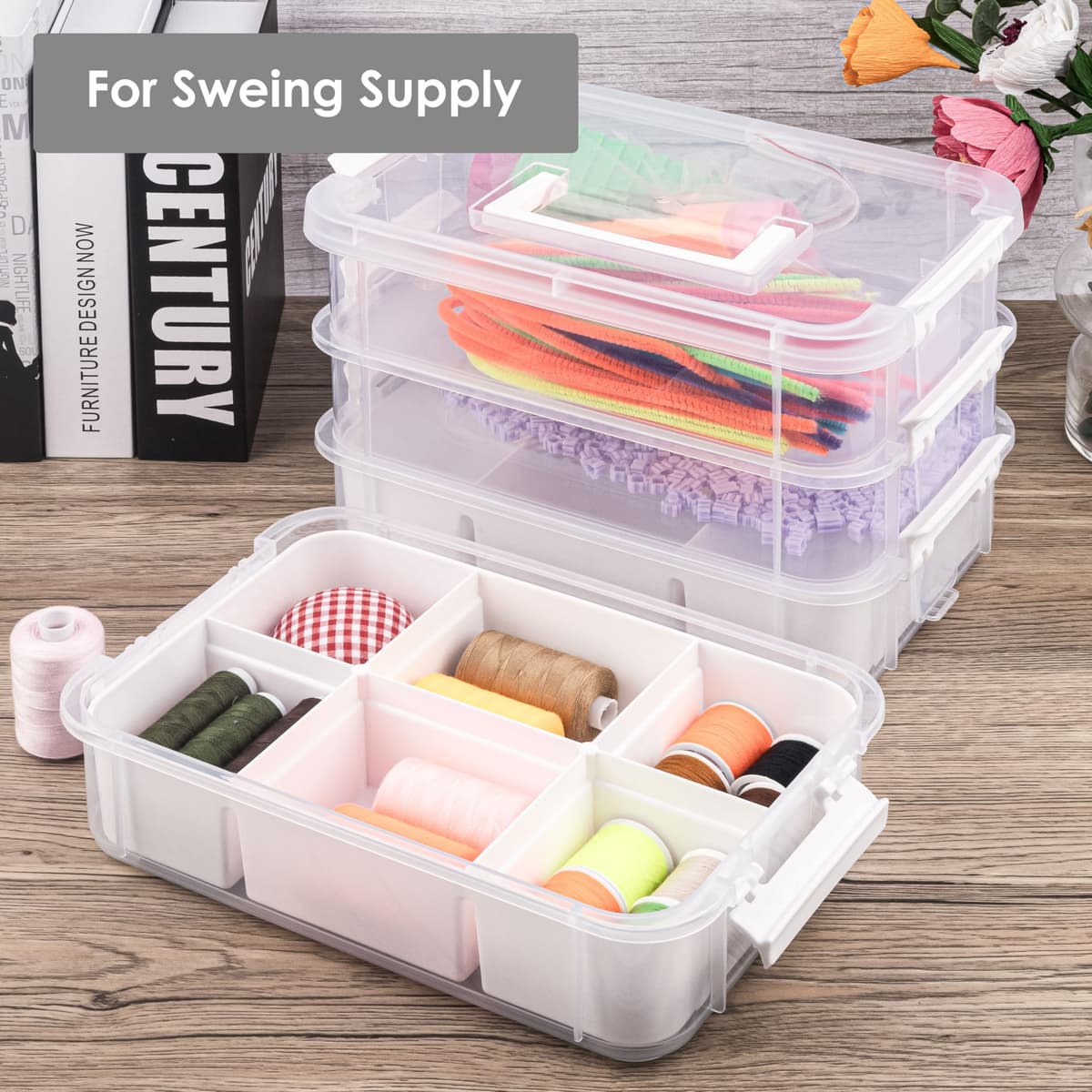 Craft Organizers and Storage, 10QT 4-Layer Durable Sewing Organizer for Sewing Supplies with 2 Removable Trays, DIY Kit Container for Seasonal Decor, Tool, Scrapbook and Art Supplies — view 8