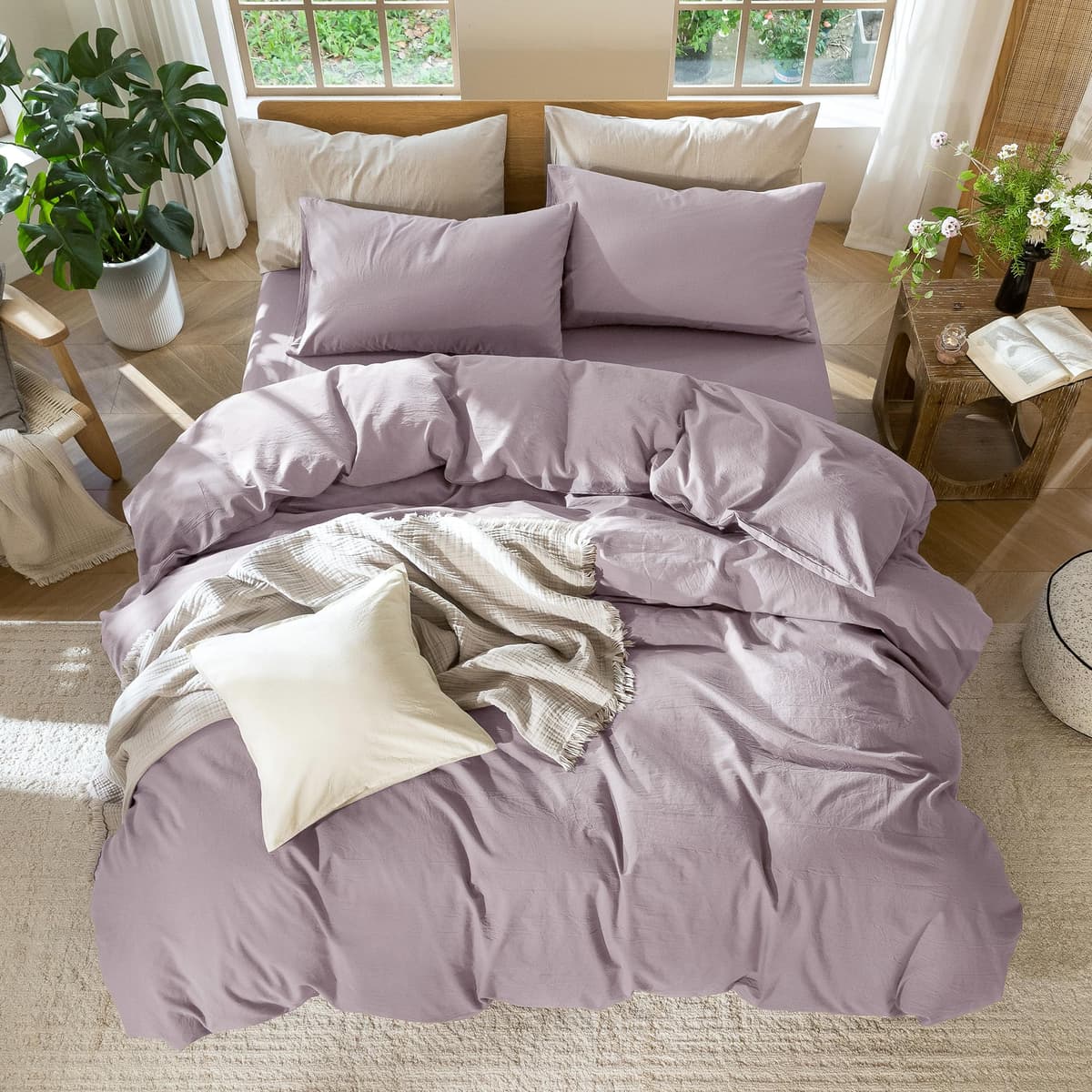 MooMee Bedding Duvet Cover Set 100% Washed Cotton Linen Like Textured Breathable Durable Soft Comfy (Tannish Linen Grey, King) — view 115