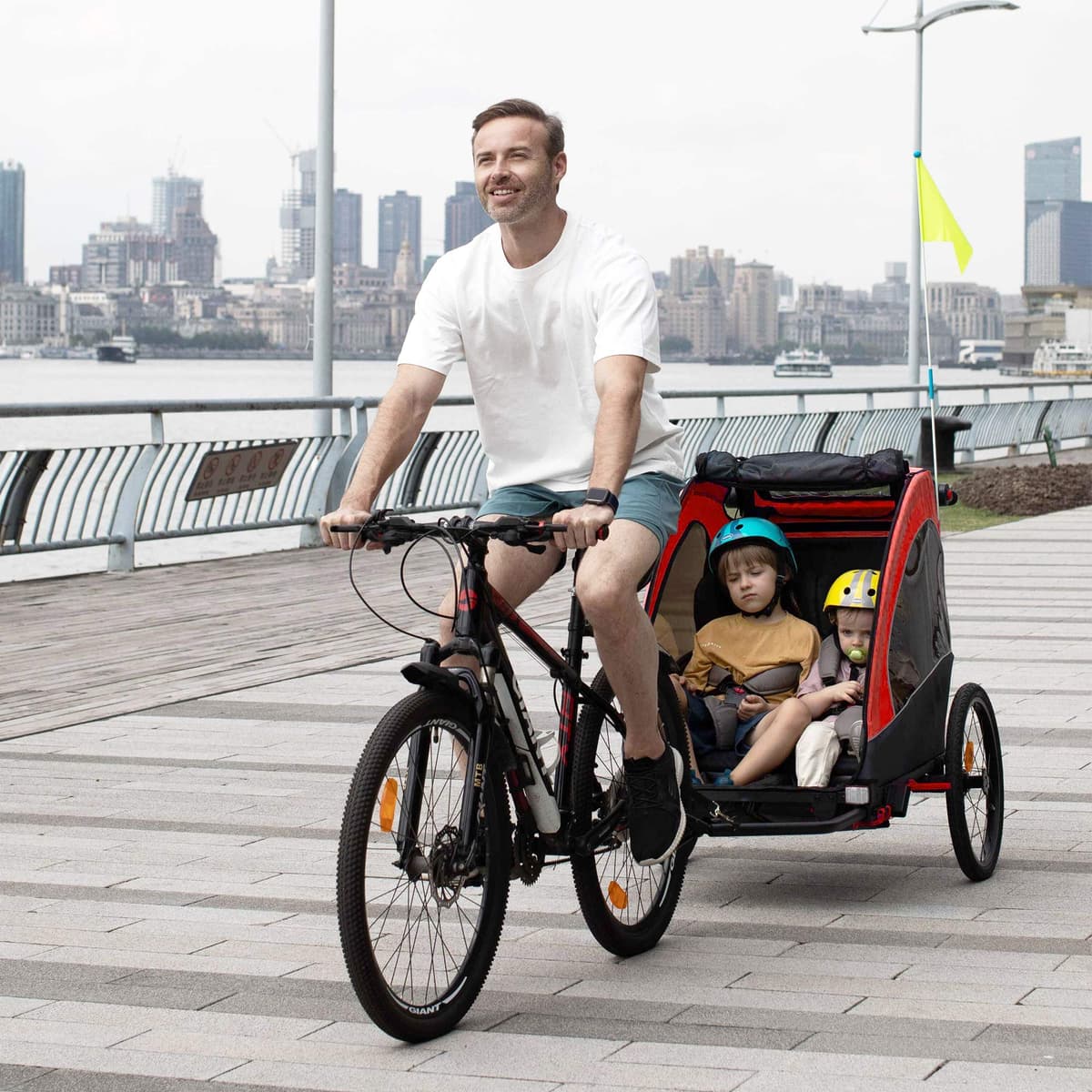 HOMCOM Remolque Infantil 3en1 para Bicicleta Carro de 2 Plazas para Niños de +6 Meses Plegable Ruedas Giratorias y Manillar Ajustable 150x85x107 cm — view 2