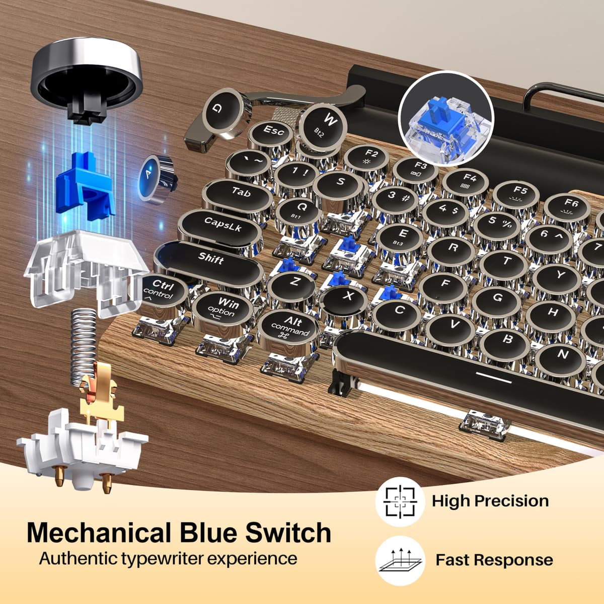 Retro Typewriter Wireless Mechanical Gaming Keyboard, Bluetooth 5.0 Office Computer Vintage Keyboards 83-Key Blue Switches Punk Round Keycap, LED Backlight, Compatible with PC/Laptop/Pad/Phone, Wood — view 2