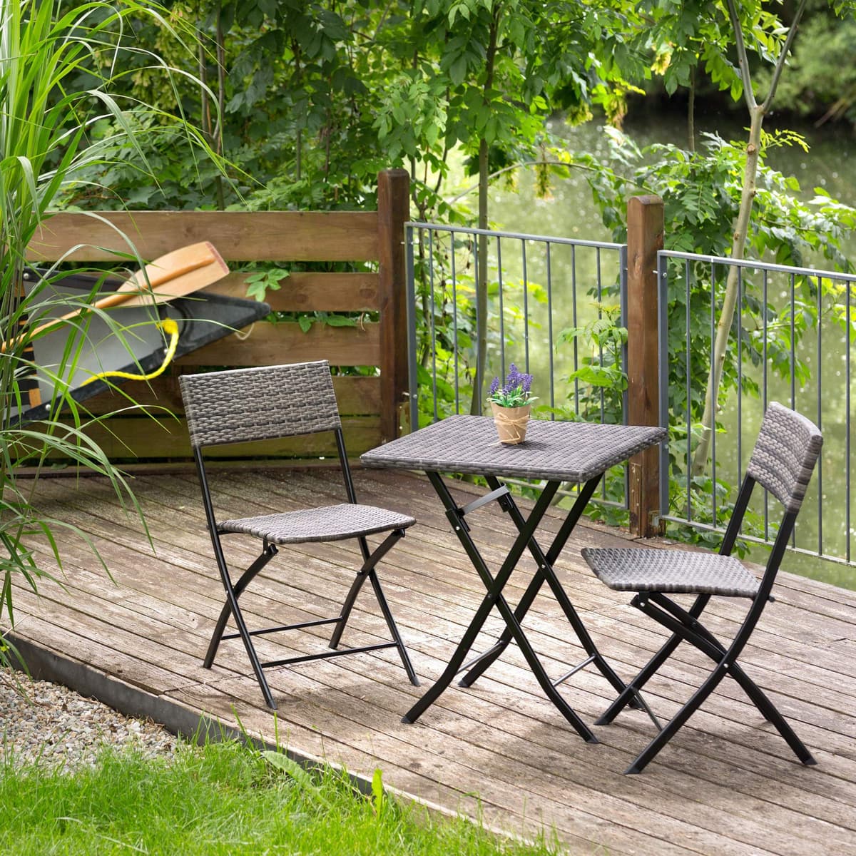 tectake® Conjunto Jardín Exterior de Ratán y Acero para 2 Personas, Muebles Jardín Exterior Resistentes a Intemperie, 2 Sillas y 1 Mesa, con Topes de Plástico, Plegable, Ligero y Compacto - Gris — view 2
