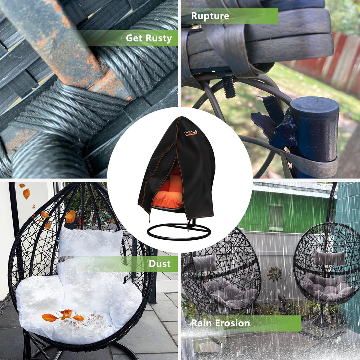 Enzeno Patio Hanging Egg Chair Cover, Outdoor Single seat Cocoon Swing Egg Chair Covers Waterproof with Zipper, 300D Heavy Duty Veranda Garden large Cover for egg chair on stand 190 * 115cm, Black — view 6