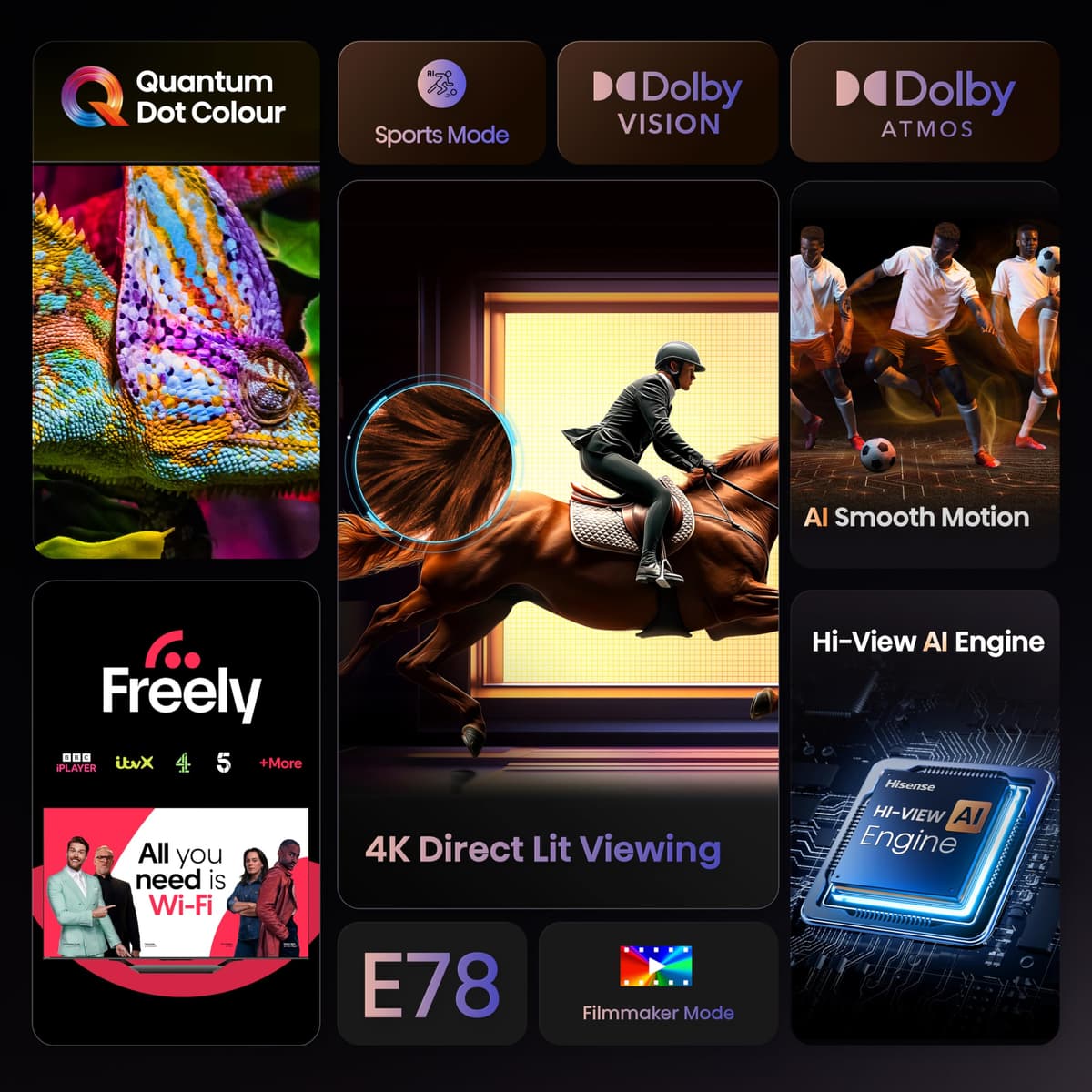 Hisense 43" 43E78QTUK QLED Smart AI TV - 4K Direct Lit Viewing, Quantum Dot Colour, Hi-View AI Engine, Dolby Vision, Dolby Atmos with Freely, Disney +, YouTube, Netflix — view 5