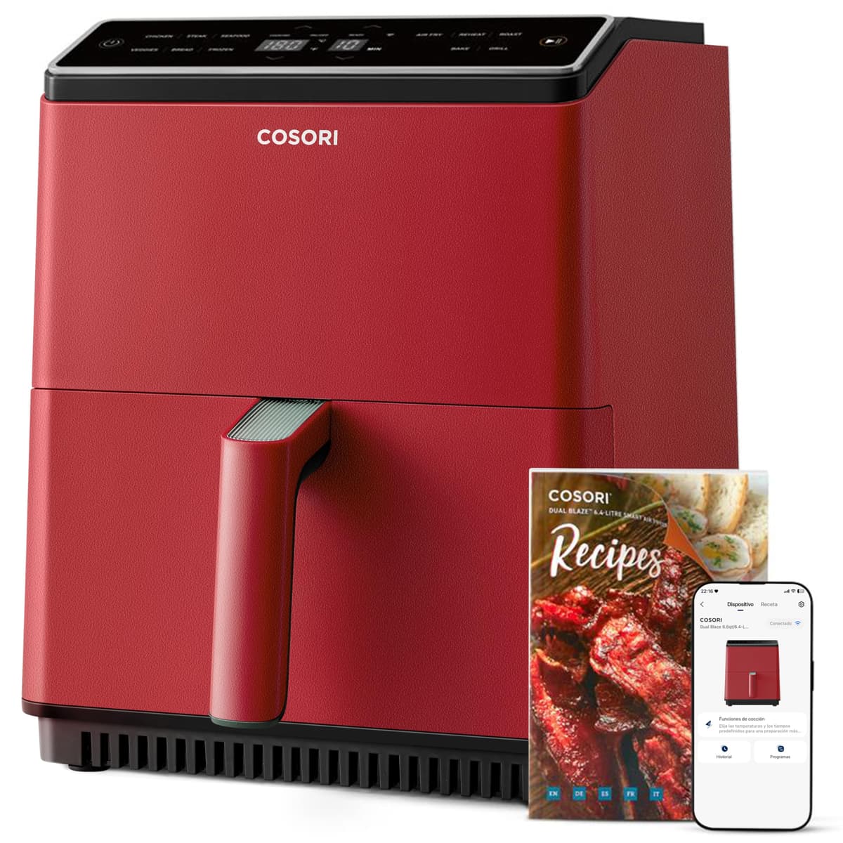 Cosori Dual Blaze Air Fryer WiFi 6,4L, Freidora de Aire sin Aceite 11 en 1, Temperatura y Tiempo Ajustables, 90+ Recetas en la App Creadas por Chef en Español, Apto para Lavavajillas, Roja