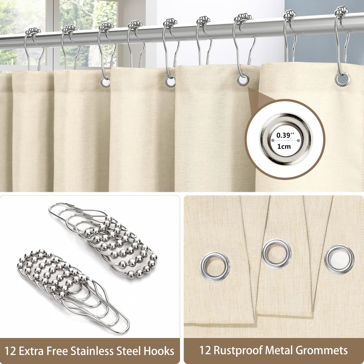 Cortina de Ducha para Baño con Ganchos de Metal Cortina de Ducha de Tela de Lino Cortina de Baño Resistente para Bañera Ducha, Impermeable - 182 x 182cm (Beige) — view 3