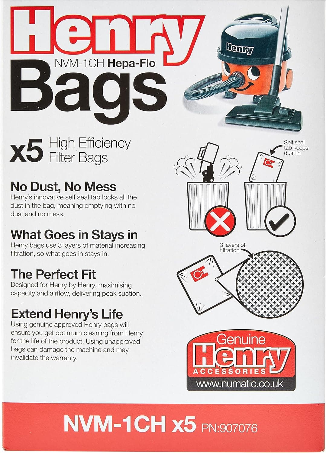 Henry NVM-1CH/907076 HepaFlo Vacuum Bags, Pack of 5, White — view 3