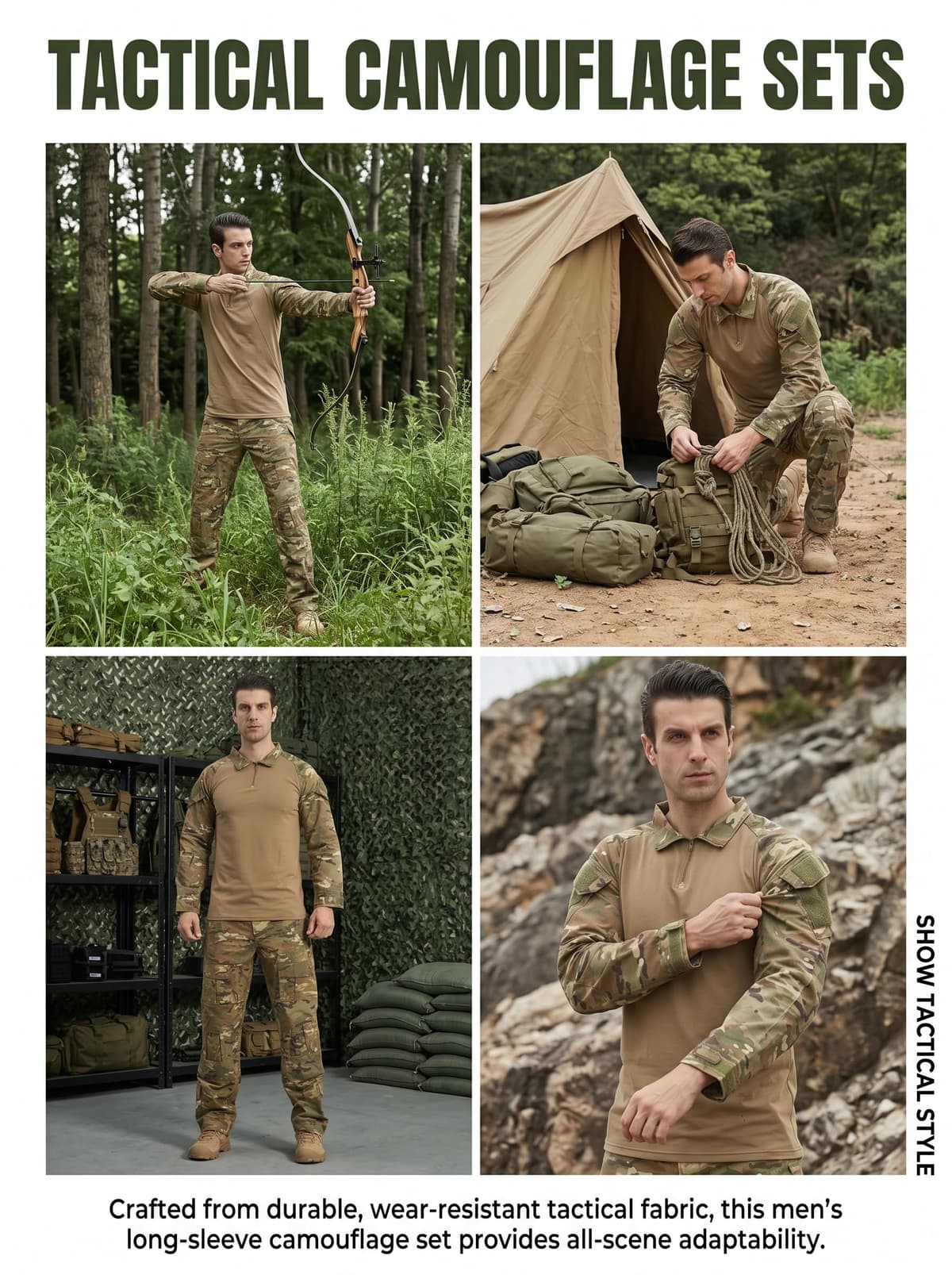 Traje de camuflaje para hombre, camiseta de combate de paintball, pantalones tácticos, manga larga con cremallera 1/4, traje militar, camuflaje al aire libre, ropa de caza BDU.. — view 5