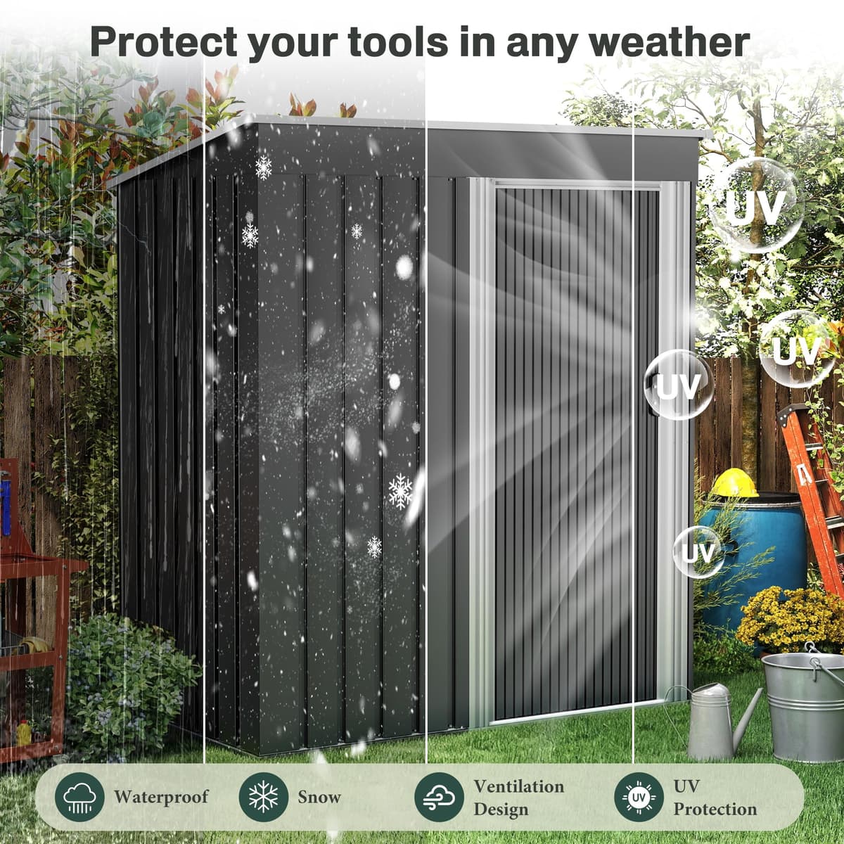 LUXOAK Metal Garden Shed 150x75.5x181cm,Waterproof Rustproof Shed with Sliding Door & Sloped Roof, Outdoor Garden Storage Shed for Backyard, Patio, or Garage — view 3