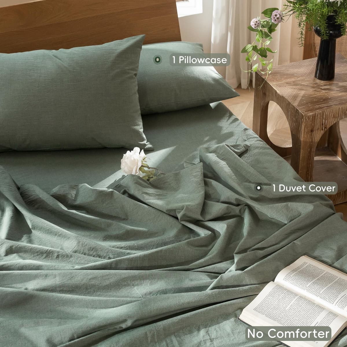 MooMee Bedding Duvet Cover Set 100% Washed Cotton Linen Like Textured Breathable Durable Soft Comfy (Tannish Linen Grey, King) — view 199