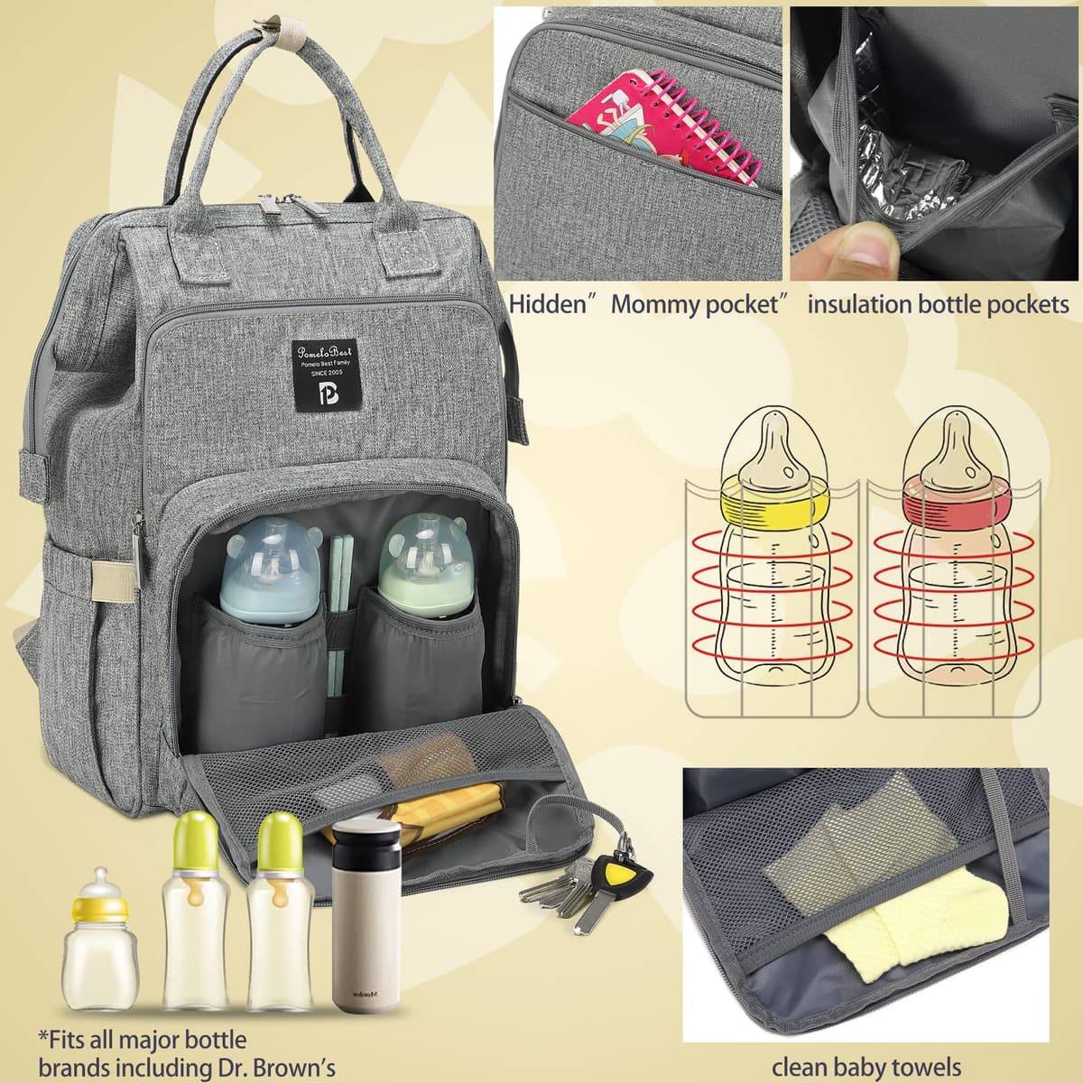 Pomelo Best Baby Changing Backpack Stylish Multifunctional Large Nappy Baby Bag with Changing Mat and Stroller Straps — view 4