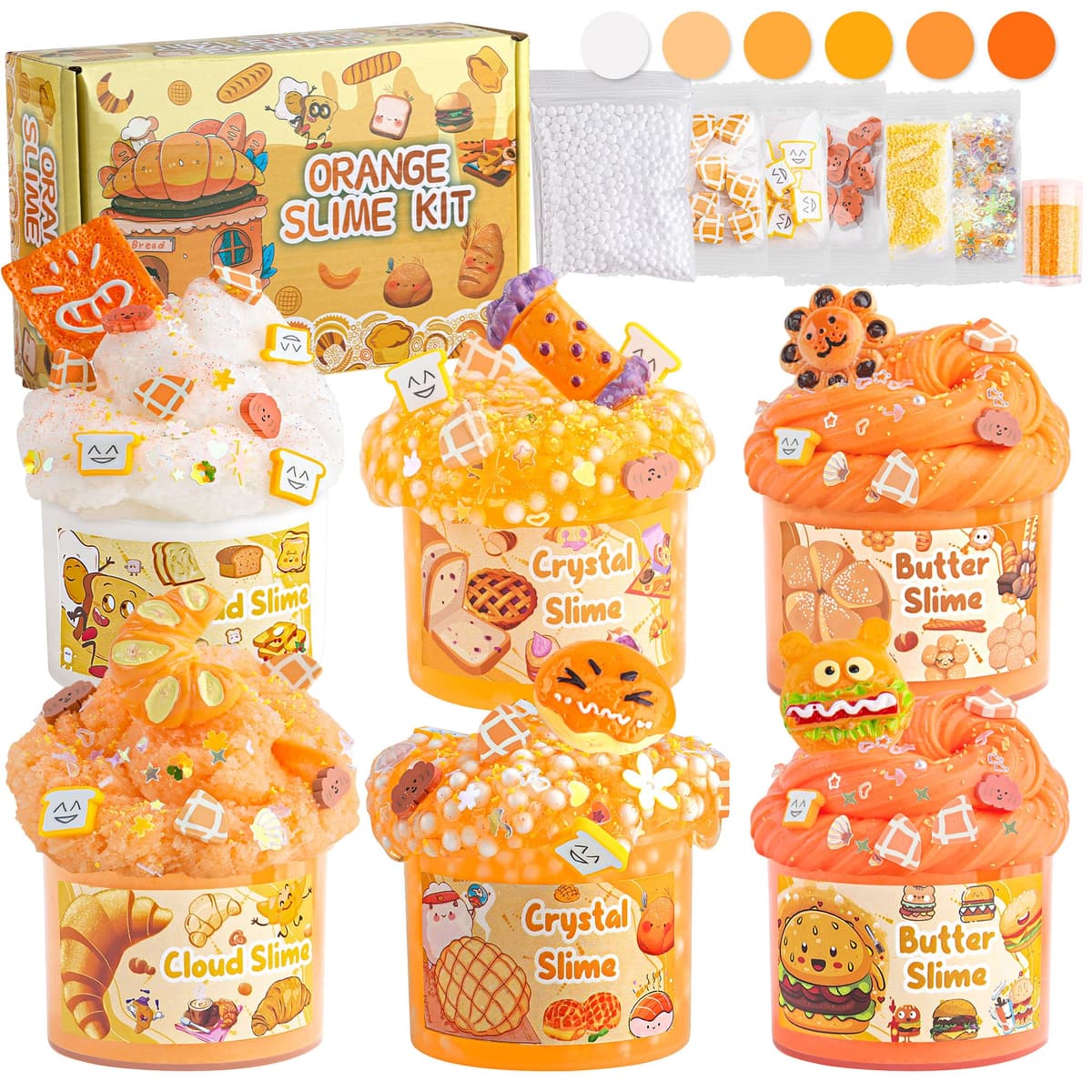 LAWOHO 6 Paquetes de Naranja Slime Kit - Nube, Mantequilla & Claro, Crujiente para Niños con Varios Complementos, Fiesta de Slime para Niñas y Niños, 360ml