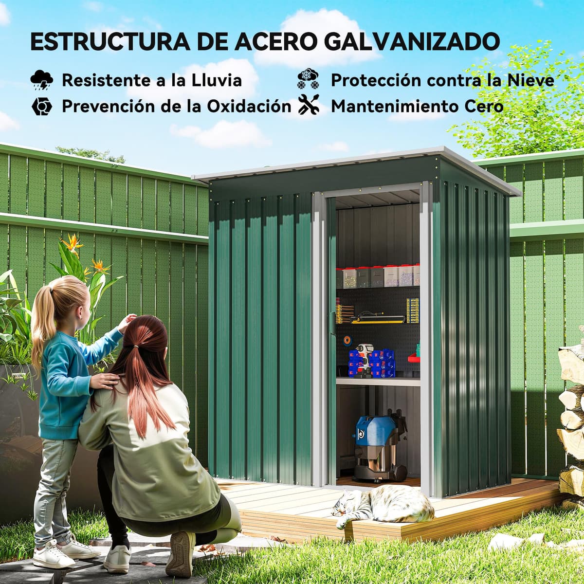 Outsunny Caseta de Jardín Exterior, 1,16 m², 163x89x182 cm, Cobertizo de Jardín Exterior Metálico con Puerta Corredera y Techo Inclinado, para Almacenamiento de Herramientas, Verde — view 3