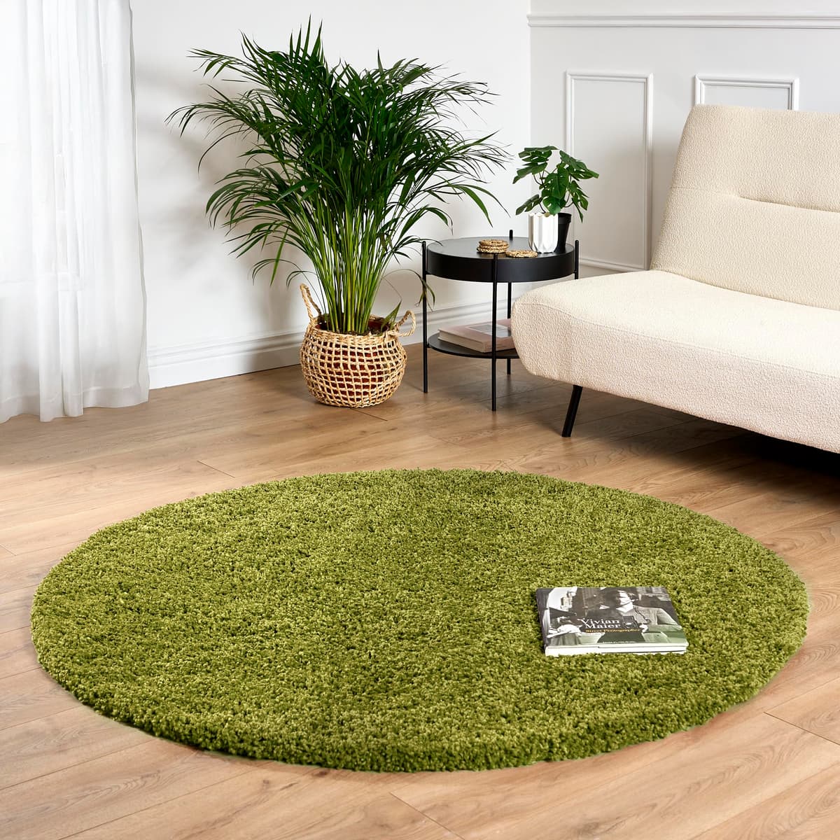 Bravich Round Green Rug 150cm (5') 5cm Pile Green Shaggy Large Circle Thick Fluffy Living Room Hessian Backed Washable