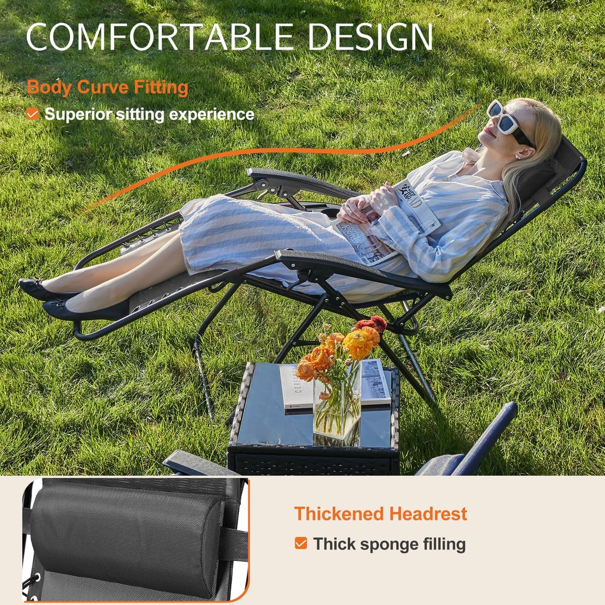 Sweetcrispy Zero Gravity Chairs, Set of 2 Portable Recliner Beach Camping Patio Outdoor Folding Lounge Chair with Cup Holder Trays and Adjustable Pillow for Poolside, Garden, Backyard, Lawn (Black) — view 3